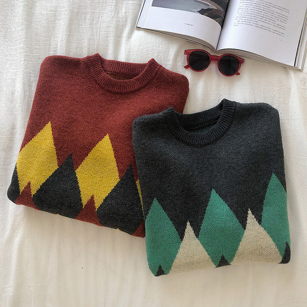 Pulover de dama in rosu si gri cu decolteu rotund