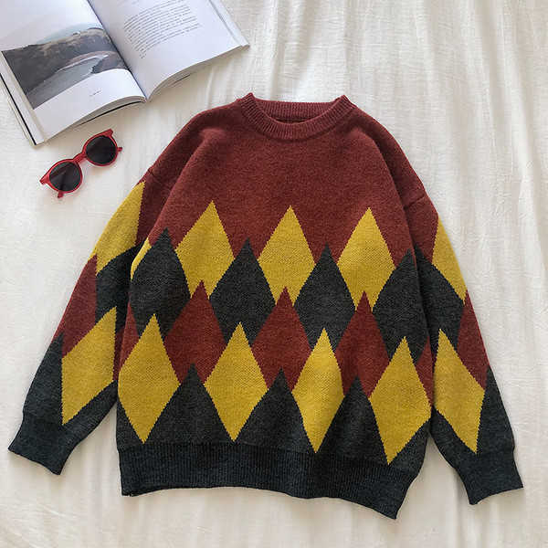 Pulover de dama in rosu si gri cu decolteu rotund