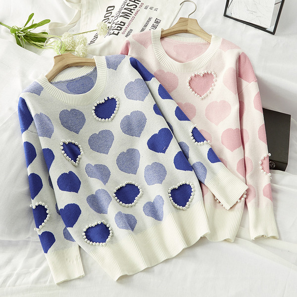 Pulover de iarnă de damă cu decolteu rotund în roz și albastru