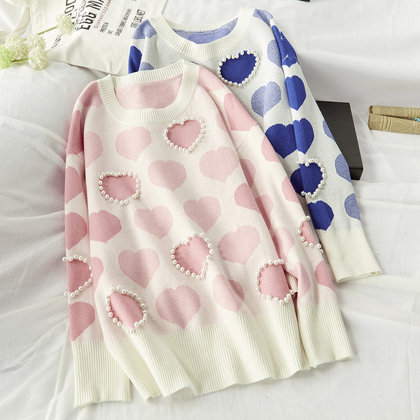 Pulover de iarnă de damă cu decolteu rotund în roz și albastru