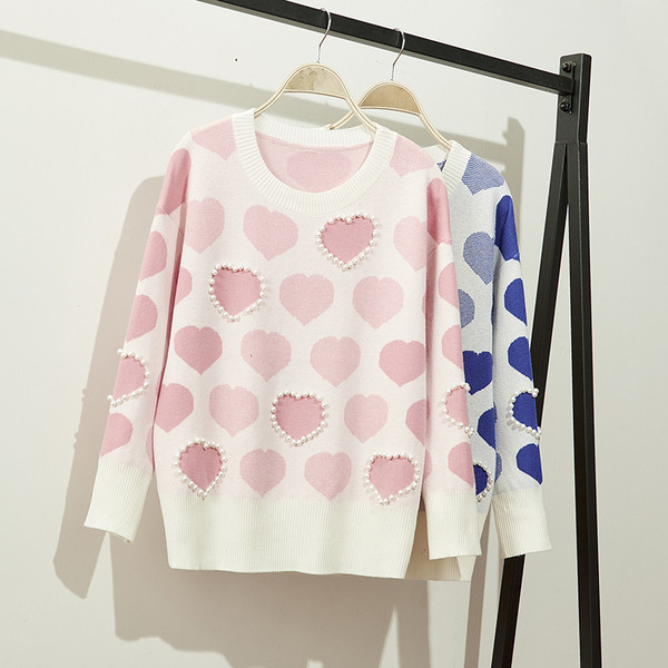 Pulover de iarnă de damă cu decolteu rotund în roz și albastru