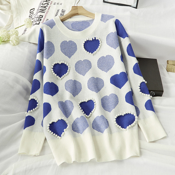 Pulover de iarnă de damă cu decolteu rotund în roz și albastru