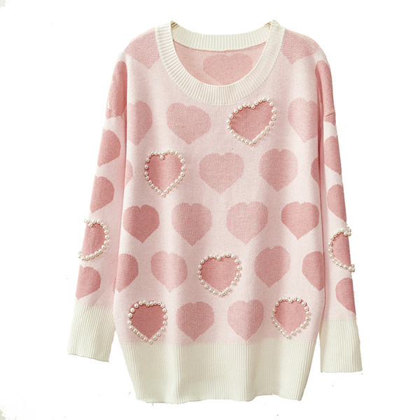 Pulover de iarnă de damă cu decolteu rotund în roz și albastru