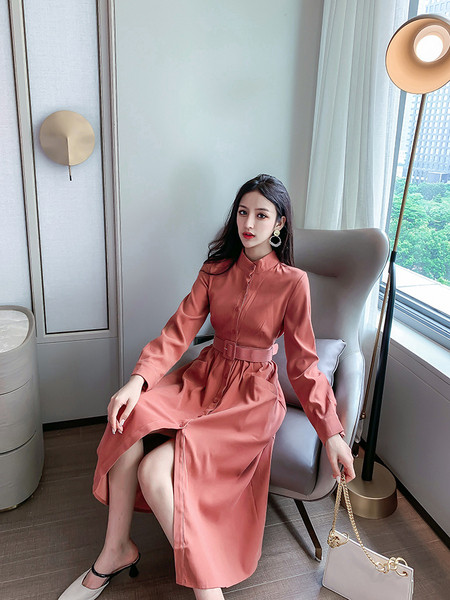 Rochie de dama model lung cu centura in talie si maneci lungi