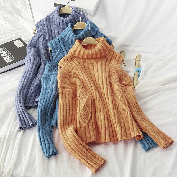 Pulover de iarnă de damă cu guler înalt în portocaliu și albastru