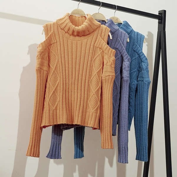 Pulover de iarnă de damă cu guler înalt în portocaliu și albastru