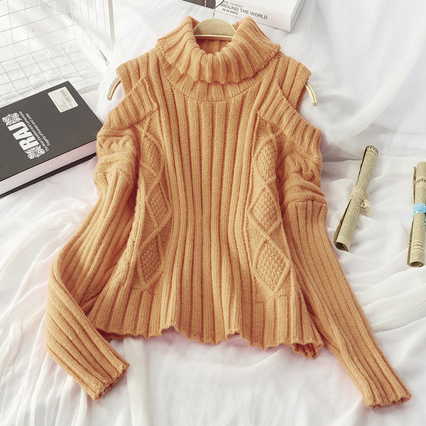 Pulover de iarnă de damă cu guler înalt în portocaliu și albastru