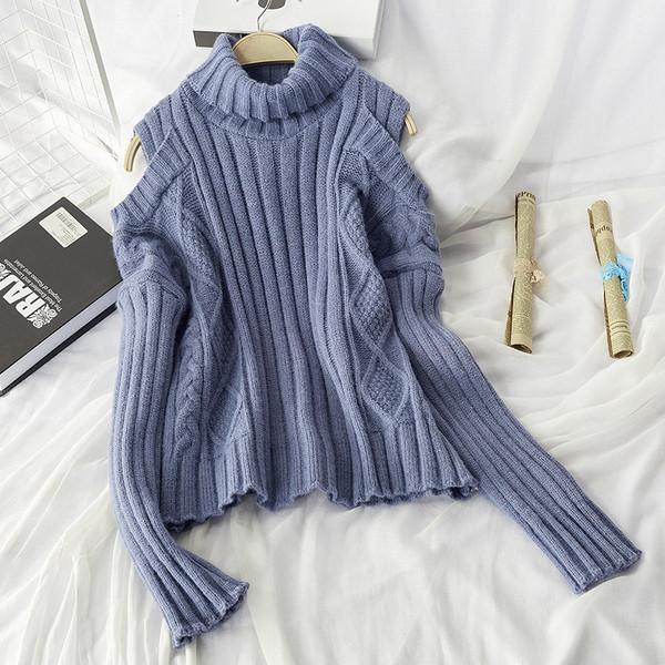 Pulover de iarnă de damă cu guler înalt în portocaliu și albastru