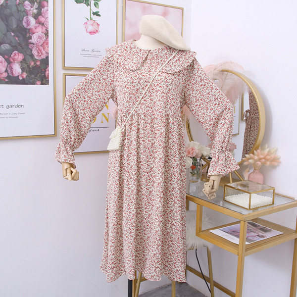 Rochie moderna de dama cu maneci lotus si motive florale in mai multe culori