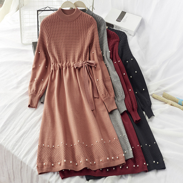 Női modern téli ruha derékban nyakkendővel - többféle színben