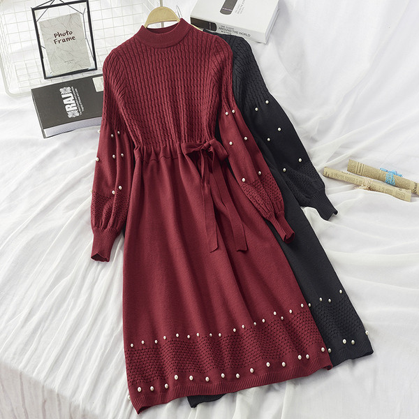 Női modern téli ruha derékban nyakkendővel - többféle színben