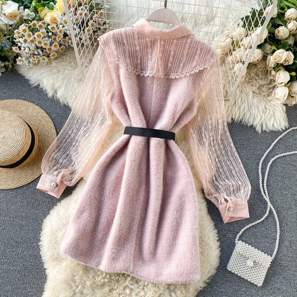 Rochie de dama cu dantela pe maneca cu curea in trei culori