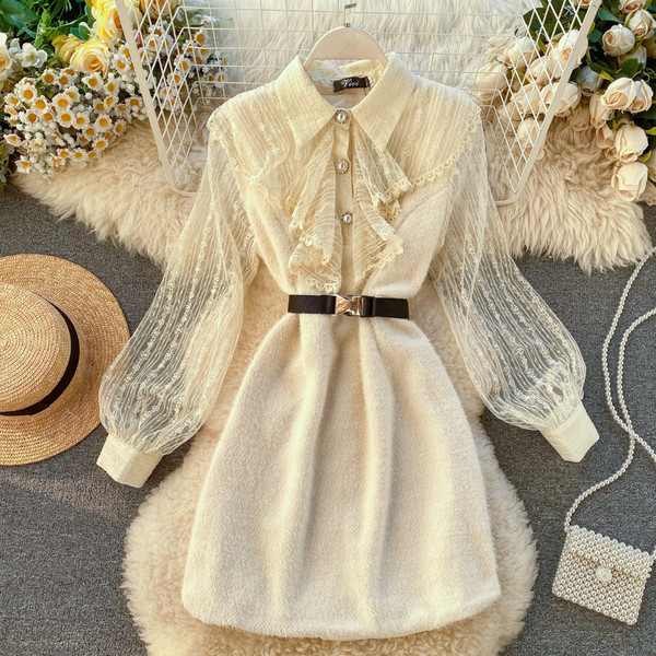 Rochie de dama cu dantela pe maneca cu curea in trei culori