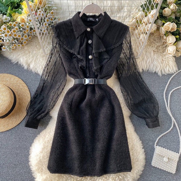 Rochie de dama cu dantela pe maneca cu curea in trei culori