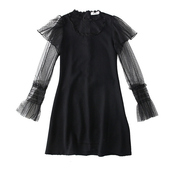 Rochie modernă de damă cu mâneci din tul și decolteu rotund, de culoare neagră