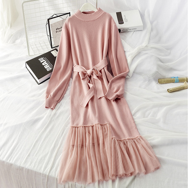 Rochie de dama cu maneci lungi si cravata in talie - cu tul in mai multe culori