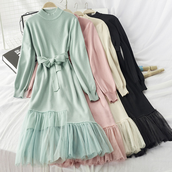 Rochie de dama cu maneci lungi si cravata in talie - cu tul in mai multe culori