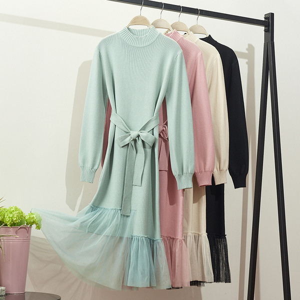 Rochie de dama cu maneci lungi si cravata in talie - cu tul in mai multe culori