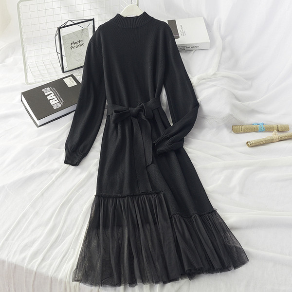 Rochie de dama cu maneci lungi si cravata in talie - cu tul in mai multe culori