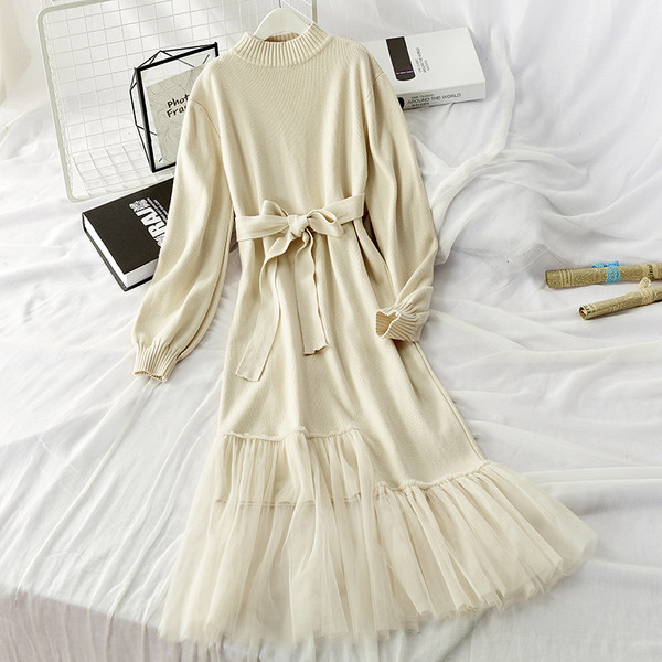 Rochie de dama cu maneci lungi si cravata in talie - cu tul in mai multe culori