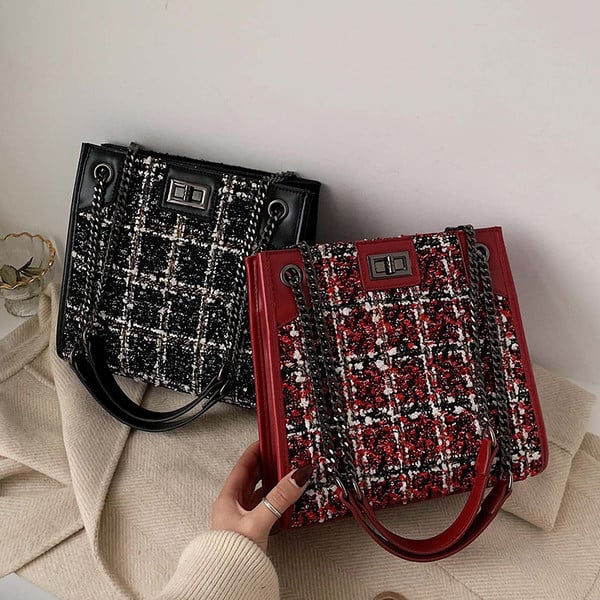 Női kockás táska hosszú füllel, fekete, bordó és bézs színben