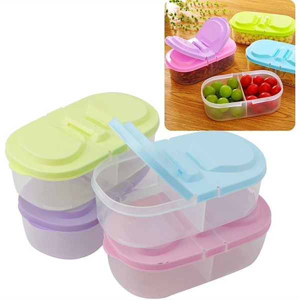 Пластмасова кутия с две разделения и капак за запазване свежестта на храната в жълт, розов, син и лилав цвят