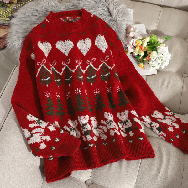 Karácsonyi motívumú női pulóver fehér és piros színben