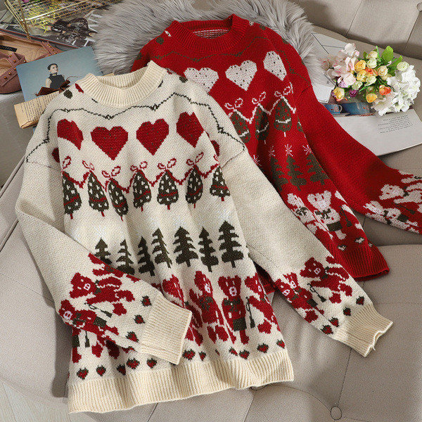 Karácsonyi motívumú női pulóver fehér és piros színben
