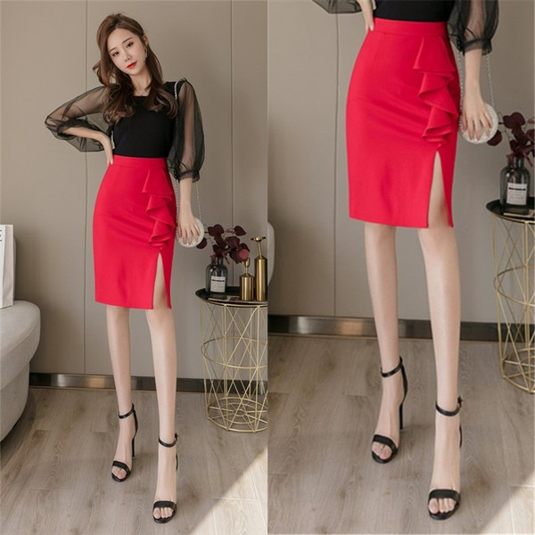 Fusta de dama model nou cu talie inalta si crapatura in negru si rosu