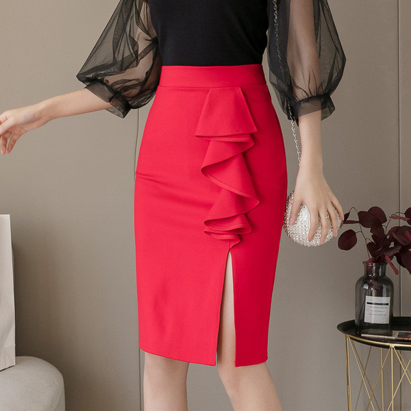 Fusta de dama model nou cu talie inalta si crapatura in negru si rosu