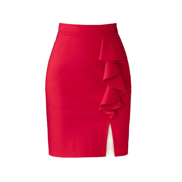 Modern női szoknya hasítékkal, magas derékkal, piros és fekete színben