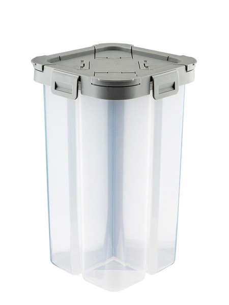 Műanyag doboz négy rekesszel és lyukakkal ellátott fedéllel fehér és szürke tészta, dió és gabonafélék tárolására