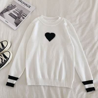 Pulover casual de dama in alb si negru cu decolteu oval