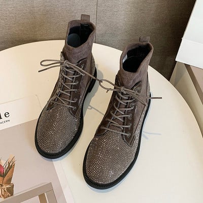 Cizme moderne din piele intoarsa ecologica cu decor - pietre in negru si maro