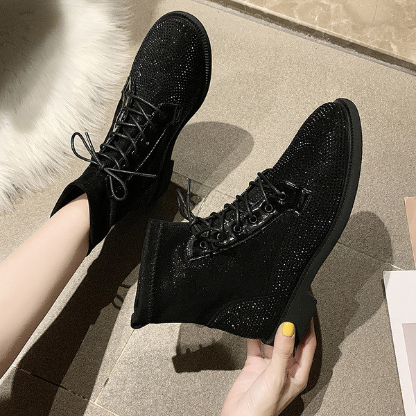 Cizme moderne din piele intoarsa ecologica cu decor - pietre in negru si maro