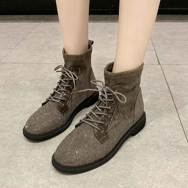 Cizme moderne din piele intoarsa ecologica cu decor - pietre in negru si maro