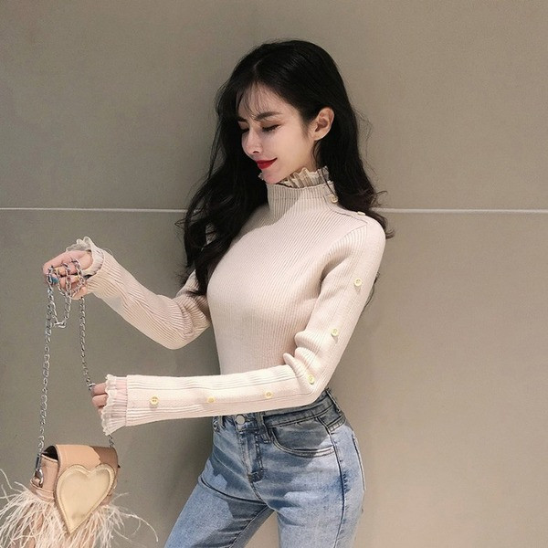 Pulover de dama de ultima generatie cu guler inalt, dantela si nasturi in mai multe culori