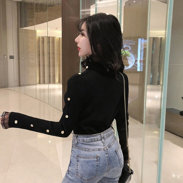 Pulover de dama de ultima generatie cu guler inalt, dantela si nasturi in mai multe culori