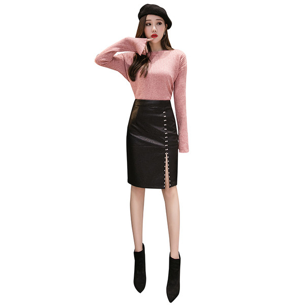 Fusta de dama din piele cu fanta si elemente metalice in negru