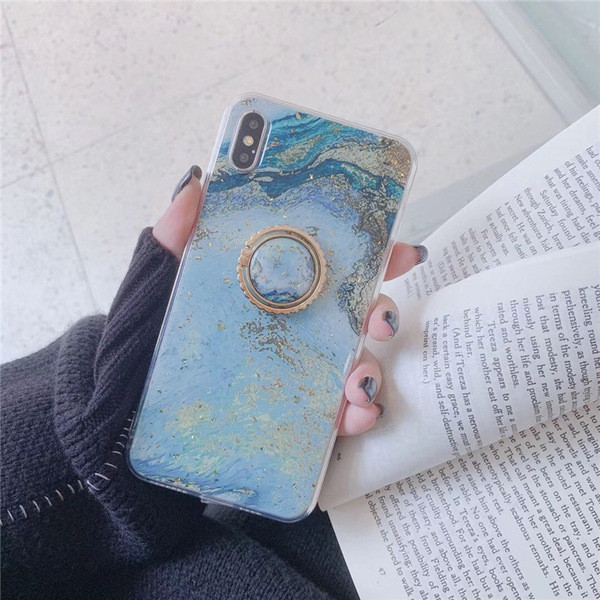 Husa din silicon cu particule stralucitoare + inel albastru pentru Iphone X / XS