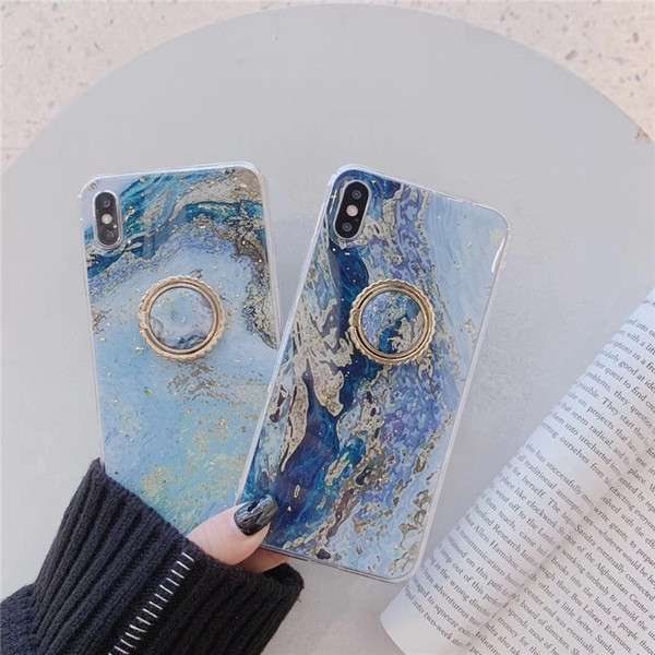 Husa din silicon cu particule stralucitoare + inel albastru pentru Iphone X / XS