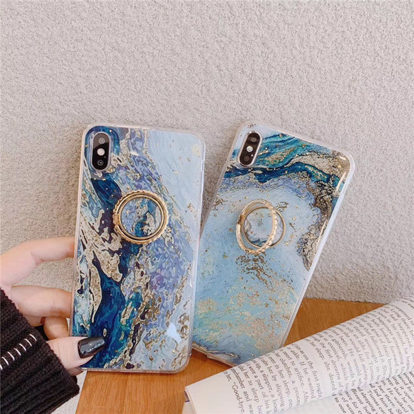 Husa din silicon cu particule stralucitoare + inel albastru pentru Iphone X / XS