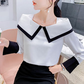 Bluză de damă actuală cu mâneci lungi și decolteu rotund în albastru și negru