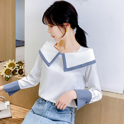 Bluză de damă actuală cu mâneci lungi și decolteu rotund în albastru și negru