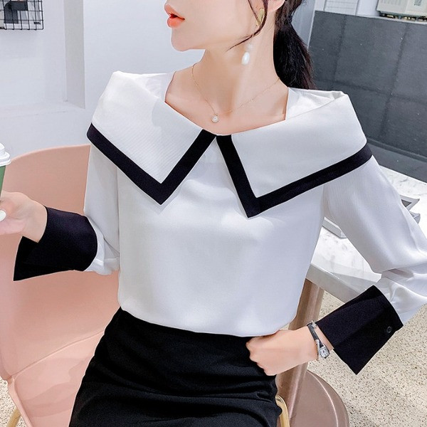 Bluză de damă actuală cu mâneci lungi și decolteu rotund în albastru și negru