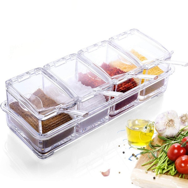 Suport transparent impermeabil și rezistent la umiditate, cu patru compartimente și patru linguri de depozitare a condimentelor