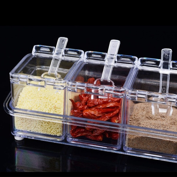 Suport transparent impermeabil și rezistent la umiditate, cu patru compartimente și patru linguri de depozitare a condimentelor