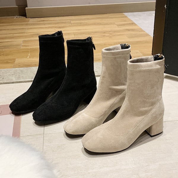 Cizme de dama elegante cu fermoar si toc patrat jos din piele intoarsa ecologica