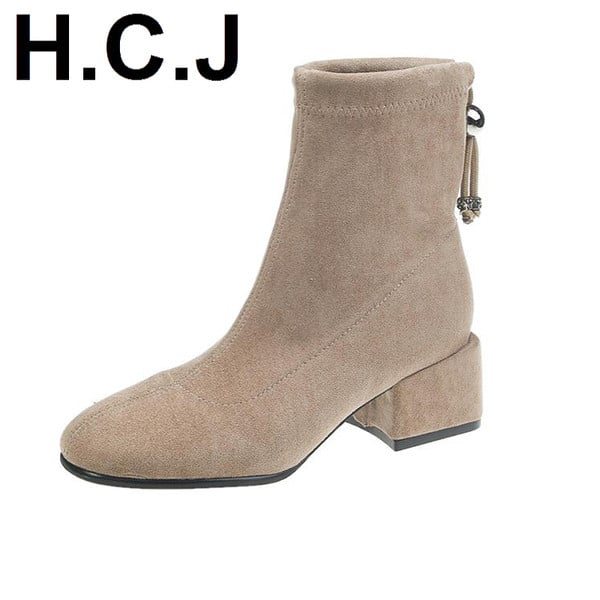 Cizme de dama elegante cu fermoar si toc patrat jos din piele intoarsa ecologica