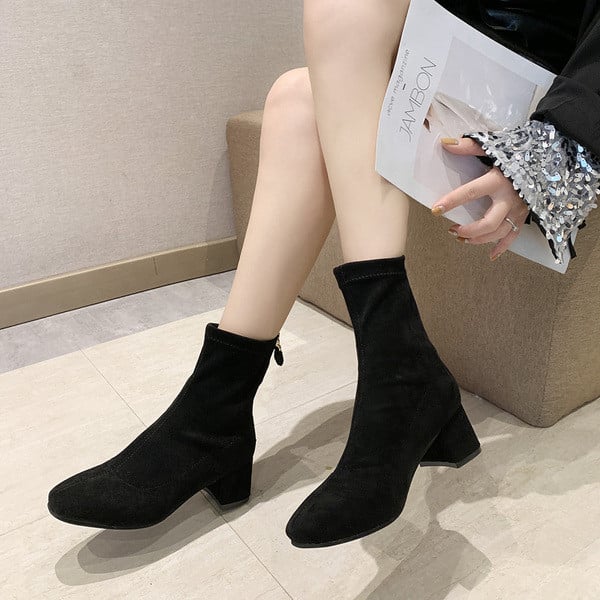 Cizme de dama elegante cu fermoar si toc patrat jos din piele intoarsa ecologica